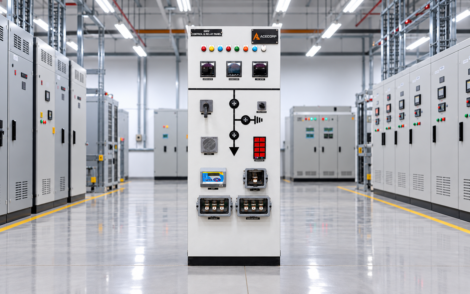 Acecorp 66 kV control and relay panel in a clean indoor electrical room