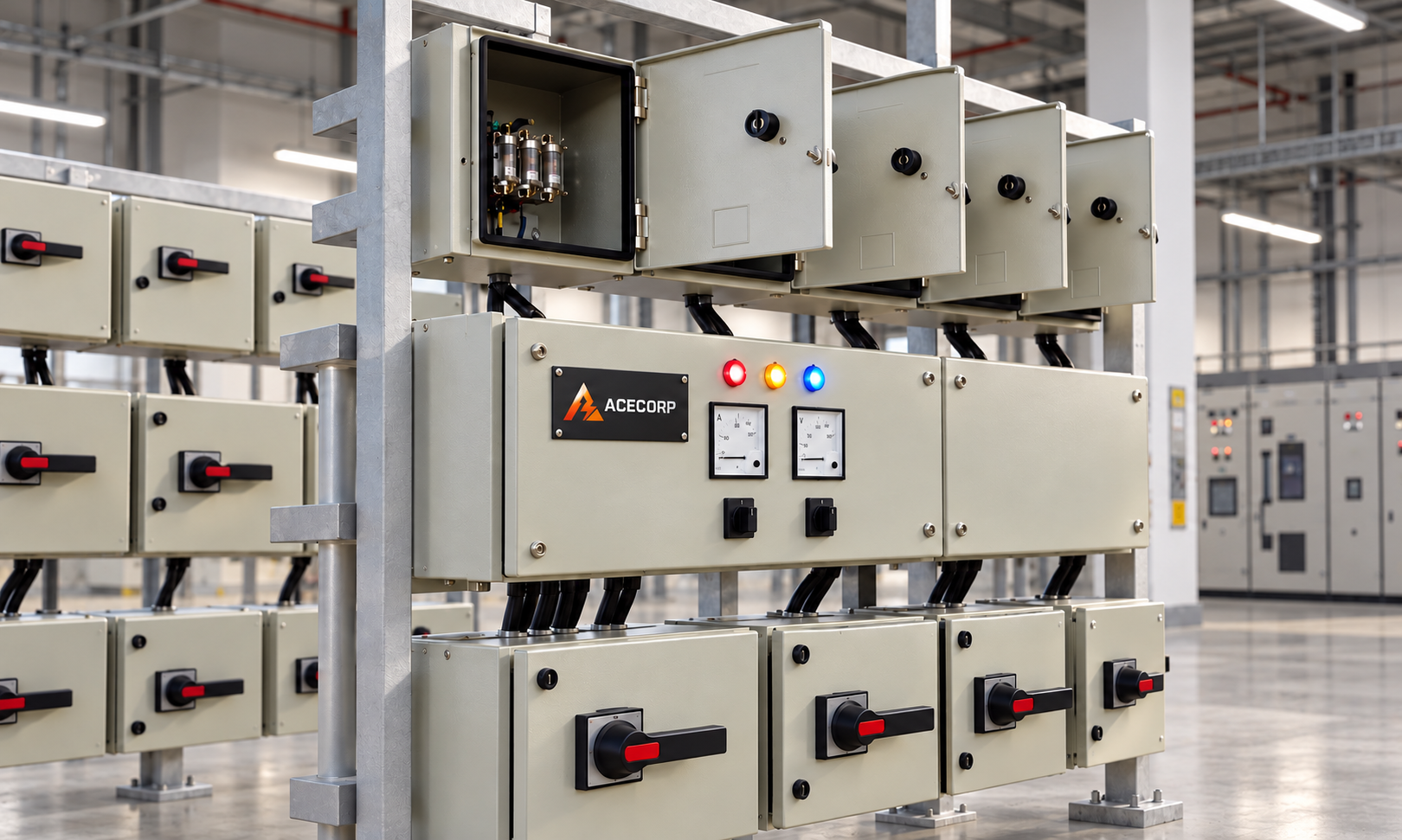 Acecorp feeder pillar enclosure installed in an indoor electrical room