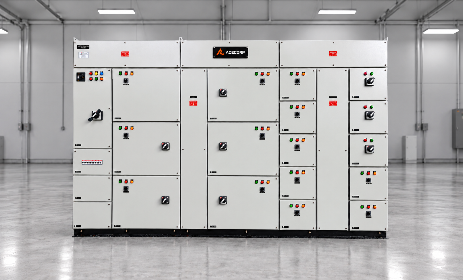 Acecorp motor control panel lineup in an electrical room
