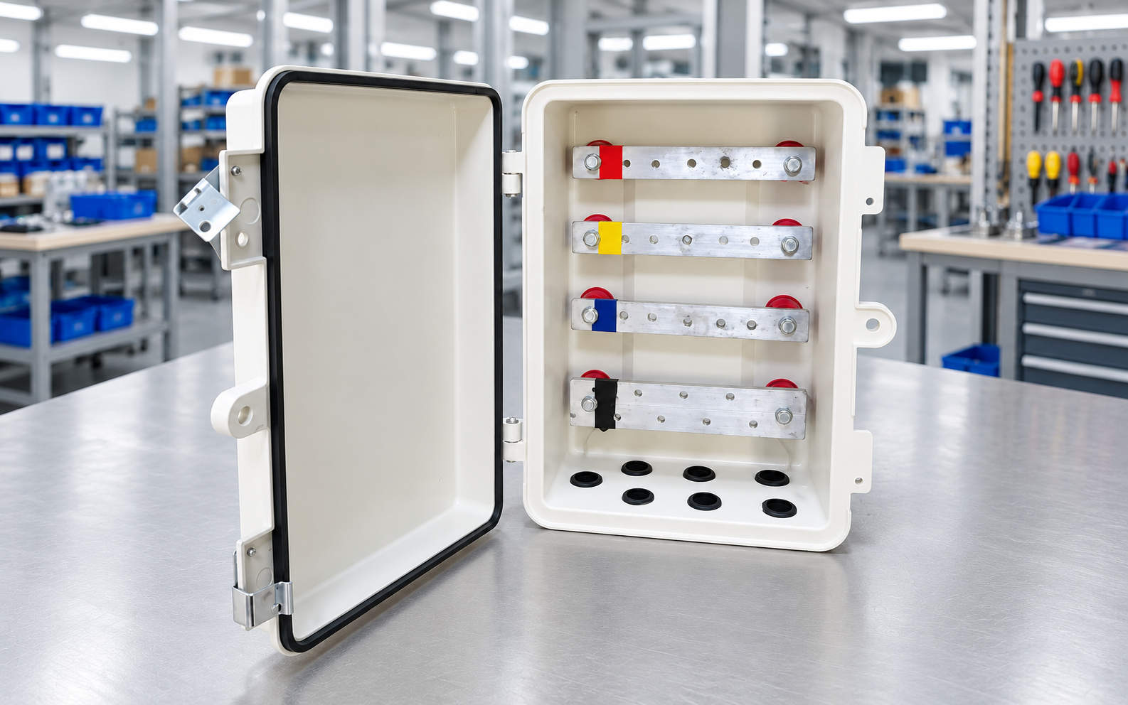 Open Acecorp SMC distribution box showing internal busbars
